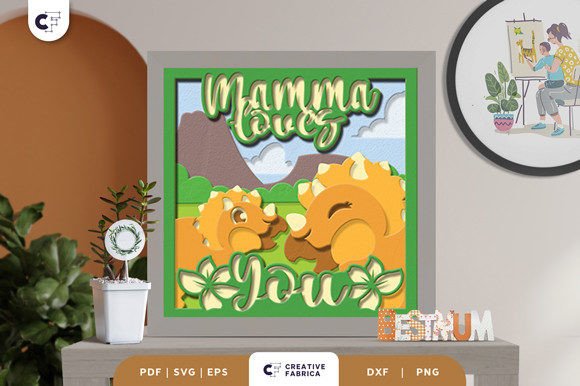 Mama and Baby Triceratops 3D Shadow Box