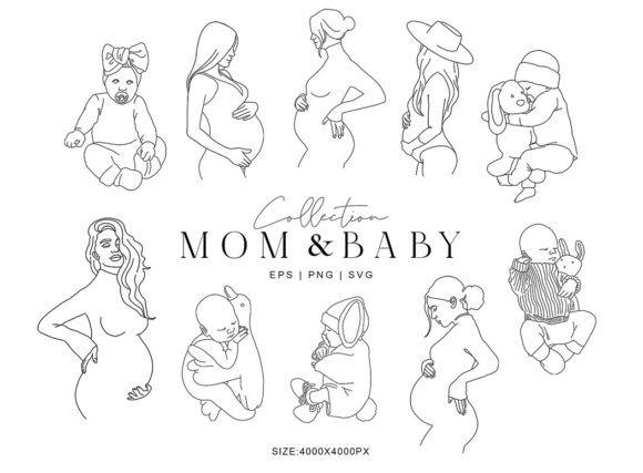 Mom and Baby Line Art Clipart